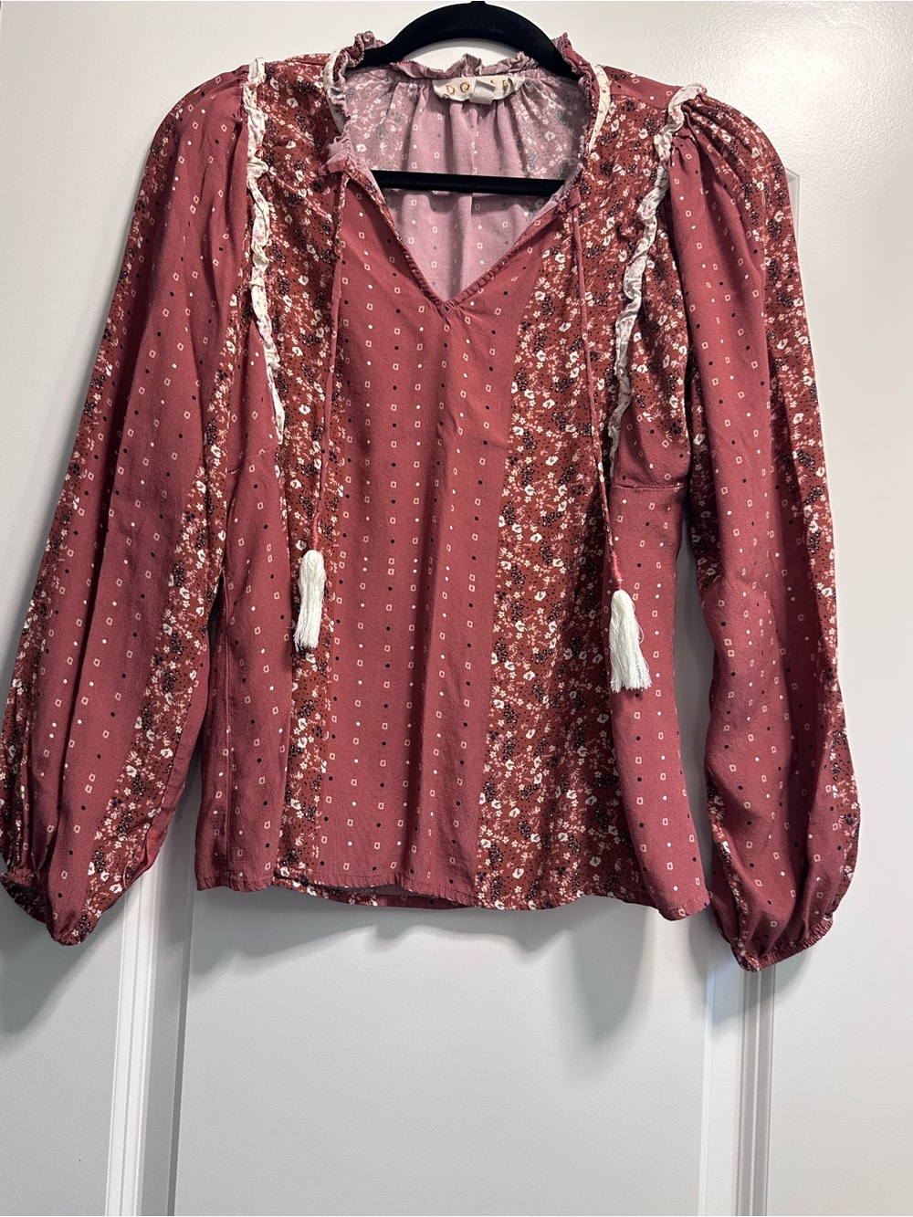 Dolan Anthropologie Dusty Rose Mixed-Print Tassel Peasant Blouse - Picture 2 of 6